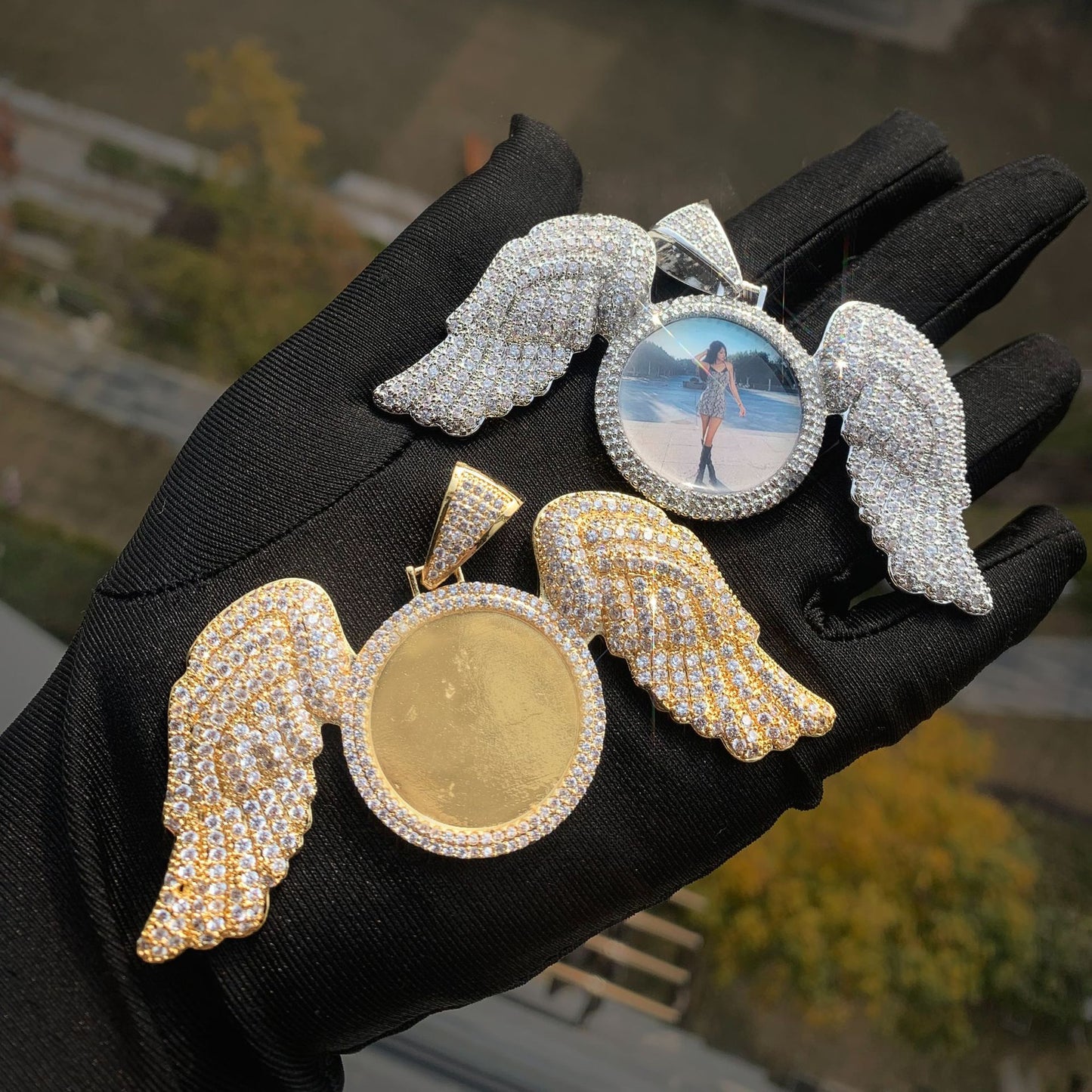 Iced Out Angel Wing Photo Pendant for Men