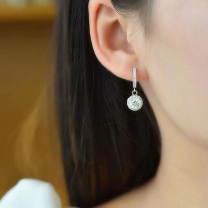 Moissanite Halo Drop Hoop Earrings for Women, Round Pavé Water Ripple Dangle Earrings