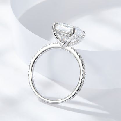4 Carat Emerald Cut Moissanite Ring in 925 Silver, Pavé Band Promise Ring
