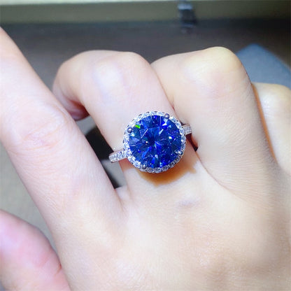 Blue Moissanite Halo Ring for Women, Round Cut Engagement Ring, 1 Carat 2 Carat 3 Carat 5 Carat Promise Ring