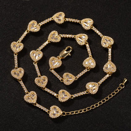 Iced Heart Chain Necklace Bracelet with Cubic Zirconia, Gold or Silver Tone Unisex Statement Jewelry