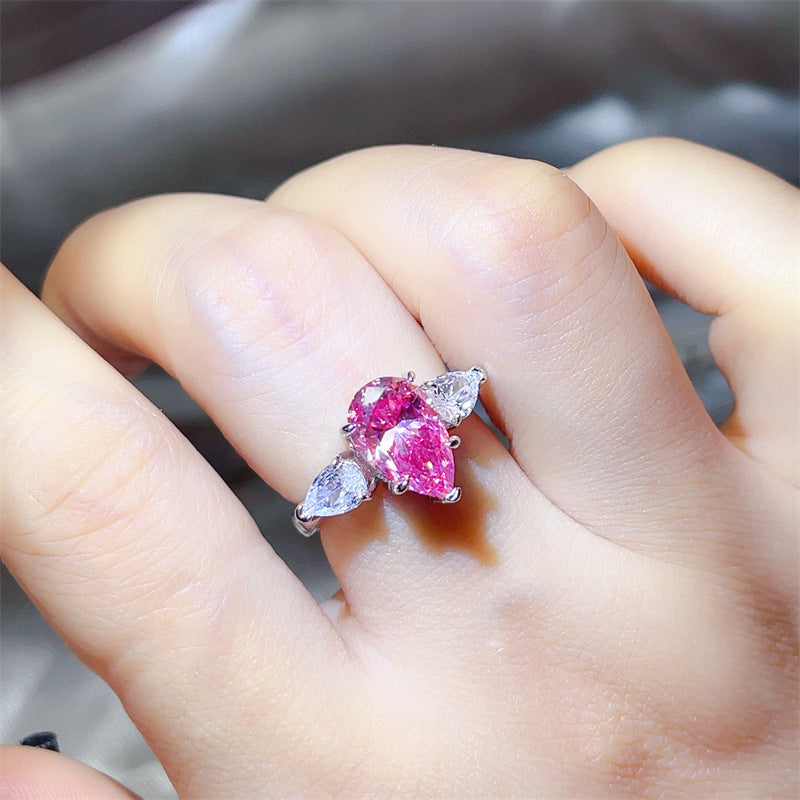 Pink Pear Cut Moissanite Ring for Women - Three Stone Engagement Style Ring, 1 Carat 2 Carat 3 Carat product image