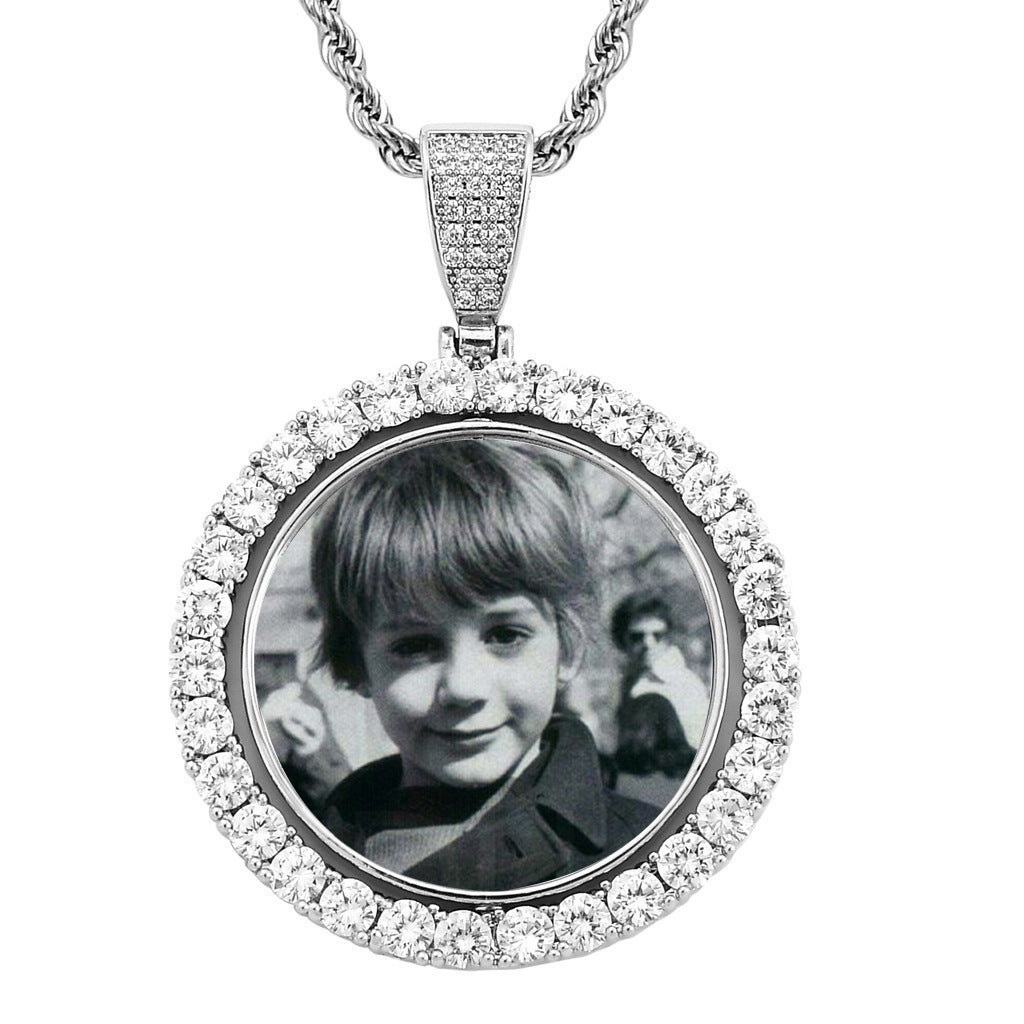 Hip Hop Round Photo Frame Copper Pendant Necklace for Men and Women