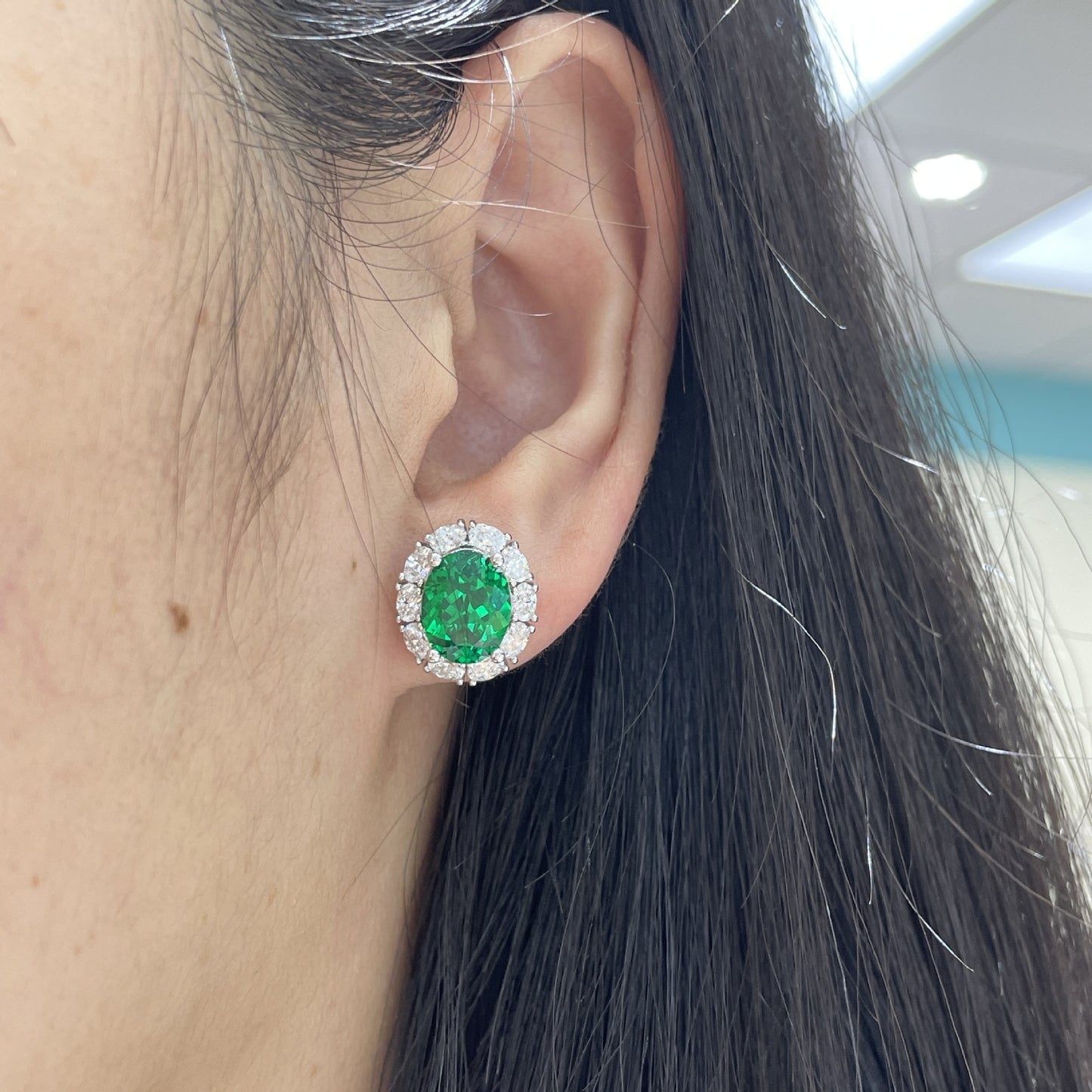 Oval Green Halo Stud Earrings for Women, Vintage-Inspired Green Gemstone Look product image