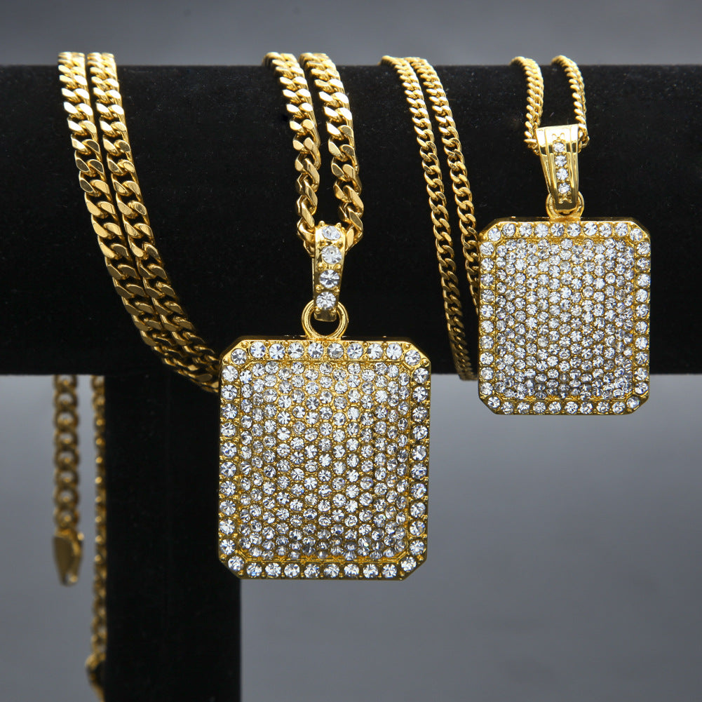 Iced Out Rectangle Pendant Necklace with Cuban Chain for Women and Men, Gold or Silver Crystal Statement Chain product image