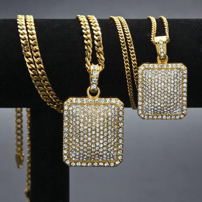 Iced Out Rectangle Pendant Necklace with Cuban Chain for Women and Men, Gold or Silver Crystal Statement Chain