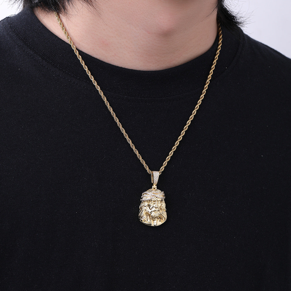 Men's Retro Portrait Pendant Necklace, Rope Chain, Hip Hop CZ Statement Chain