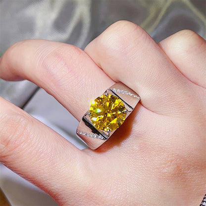 Men's Yellow Moissanite Ring 5 Carat & 10 Carat Wide Band Halo Style Ring