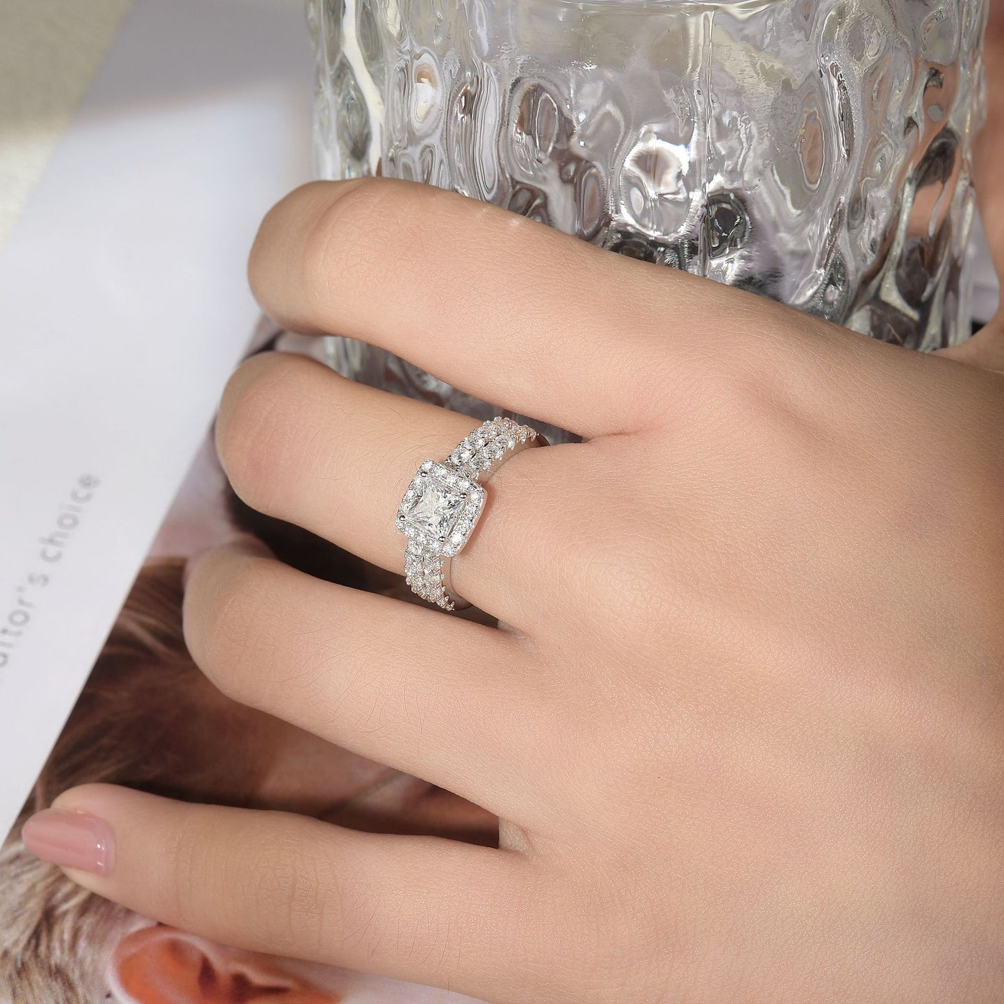 Princess Cut Moissanite Halo Ring Set for Women, Double-Layer Engagement Ring product image