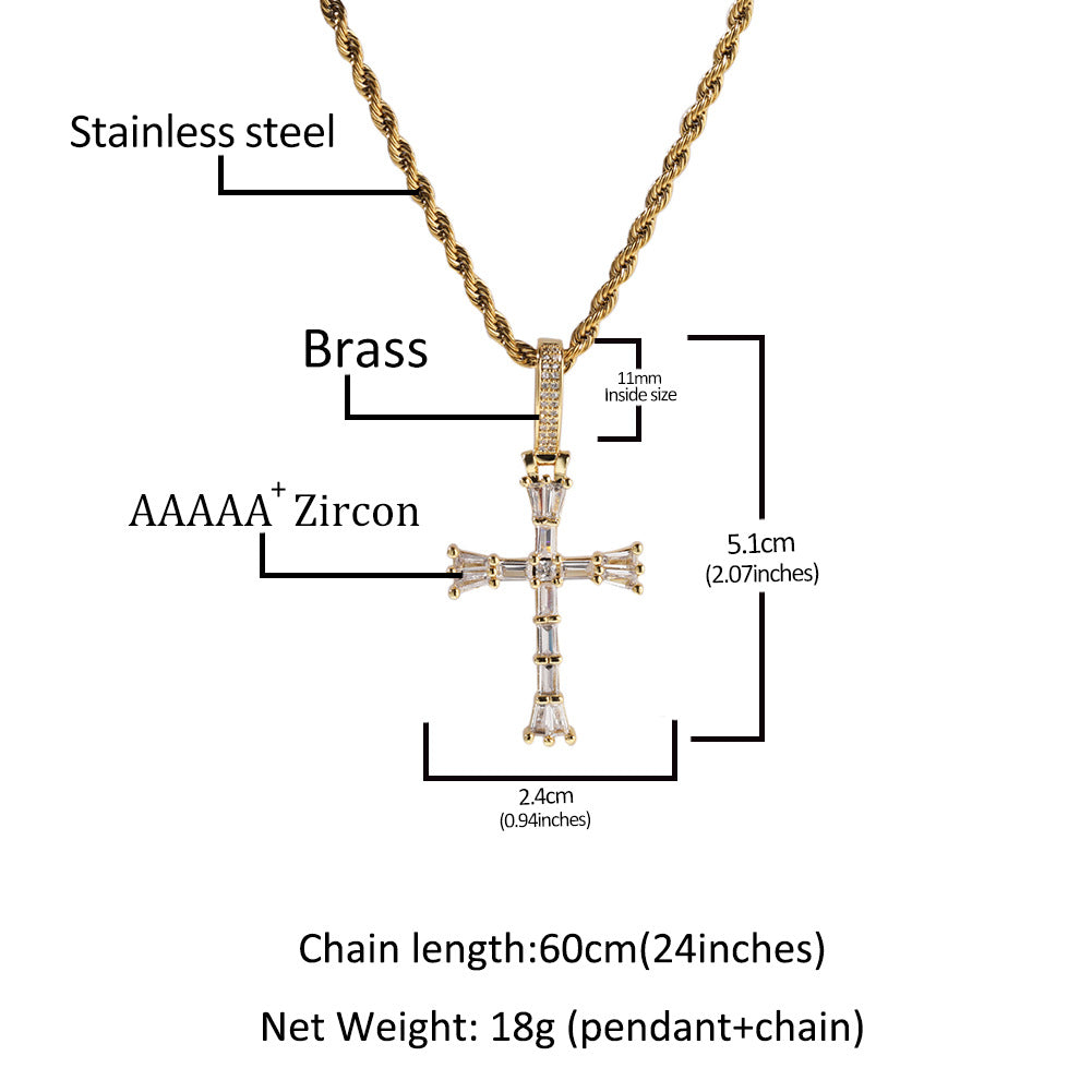 Iced Cross Pendant Necklace for Women and Men - Cubic Zirconia Statement Necklace with 24 Inch Twisted Chain in Gold or Silver Tone