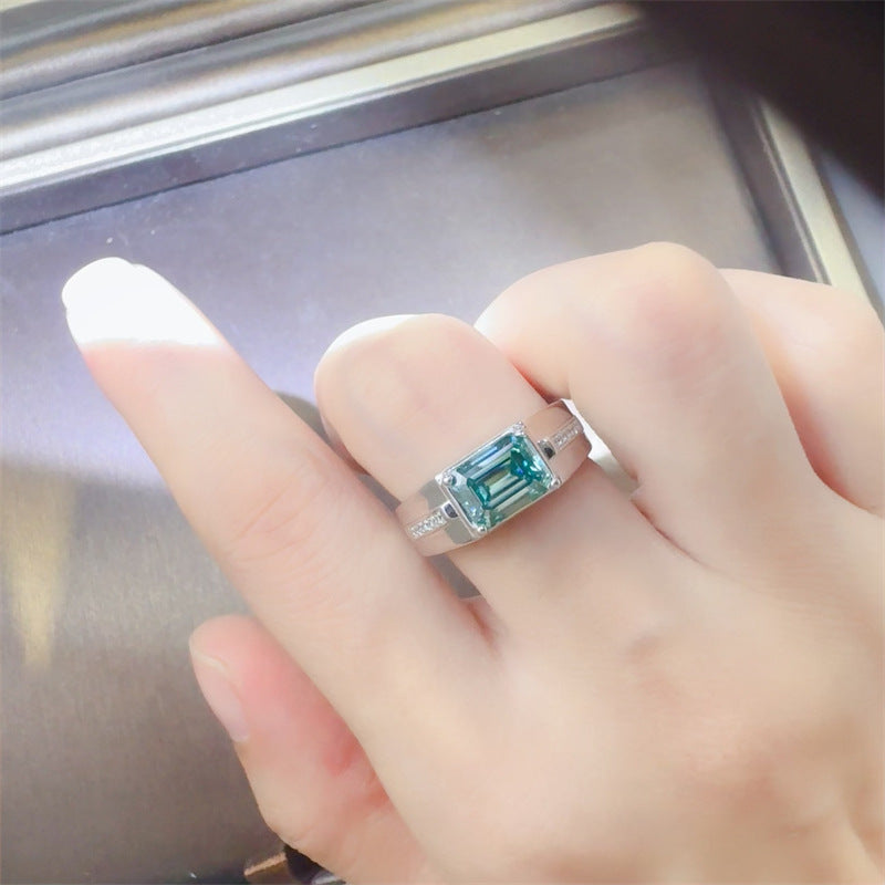 Emerald Cut Green Moissanite Ring, Geometric U-Shaped Engagement Ring, 1 Carat 2 Carat 3 Carat product image