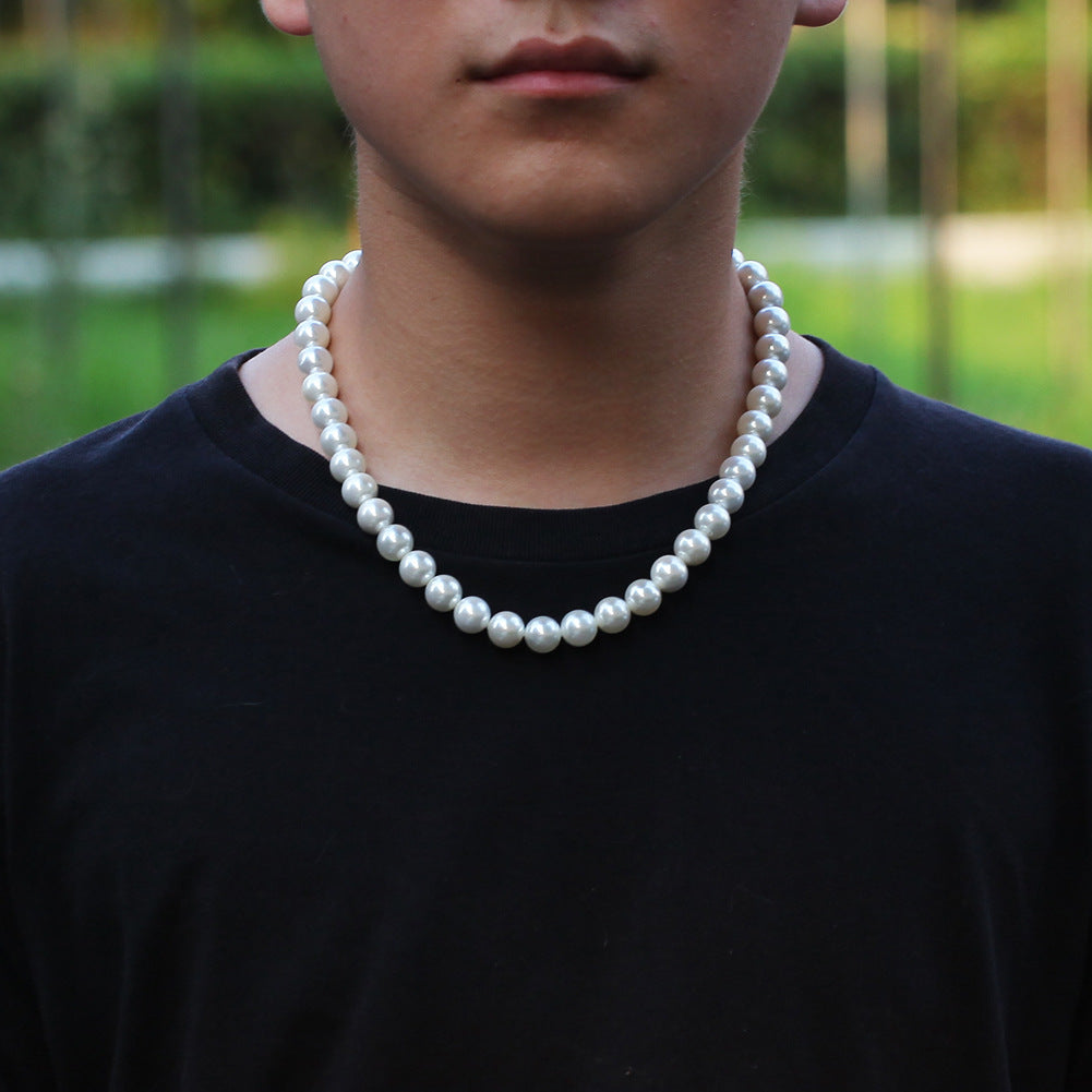 Unisex Pearl Beaded Necklace with Cubic Zirconia Cross Pendant, Hip Hop Statement Chain product image