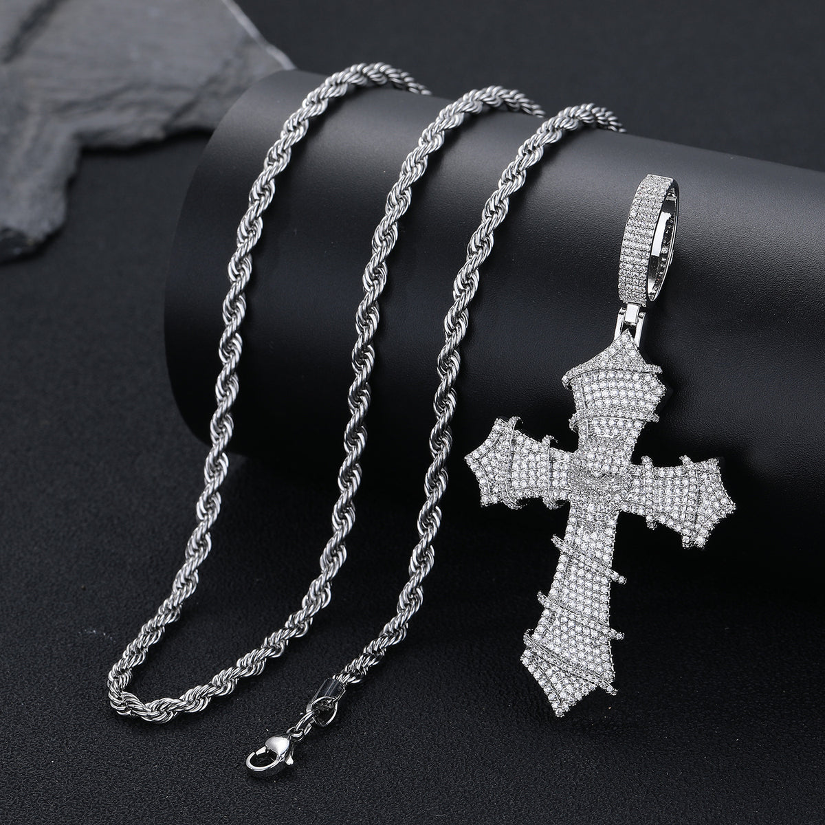 Iced Cross Pendant Necklace, Cubic Zirconia Rope Chain, Vintage Streetwear Jewelry product image