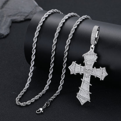 Iced Cross Pendant Necklace, Cubic Zirconia Rope Chain, Vintage Streetwear Jewelry