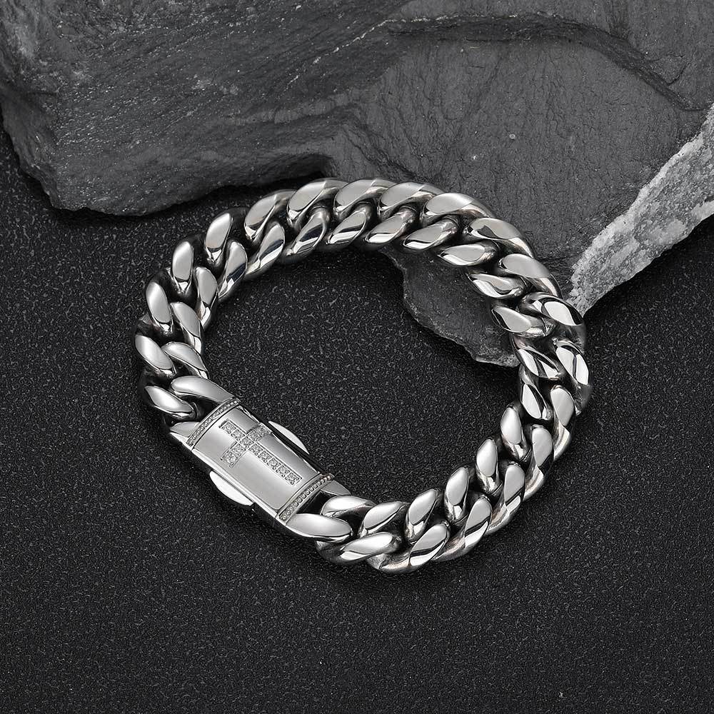 12 mm Polished Cuban with Cross CZ Clasp Stainless steel Bracelet - CHA192 product image