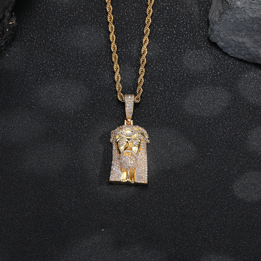 Jesus Face Pendant Rope Chain Necklace for Men, Iced Out Hip Hop Jewelry