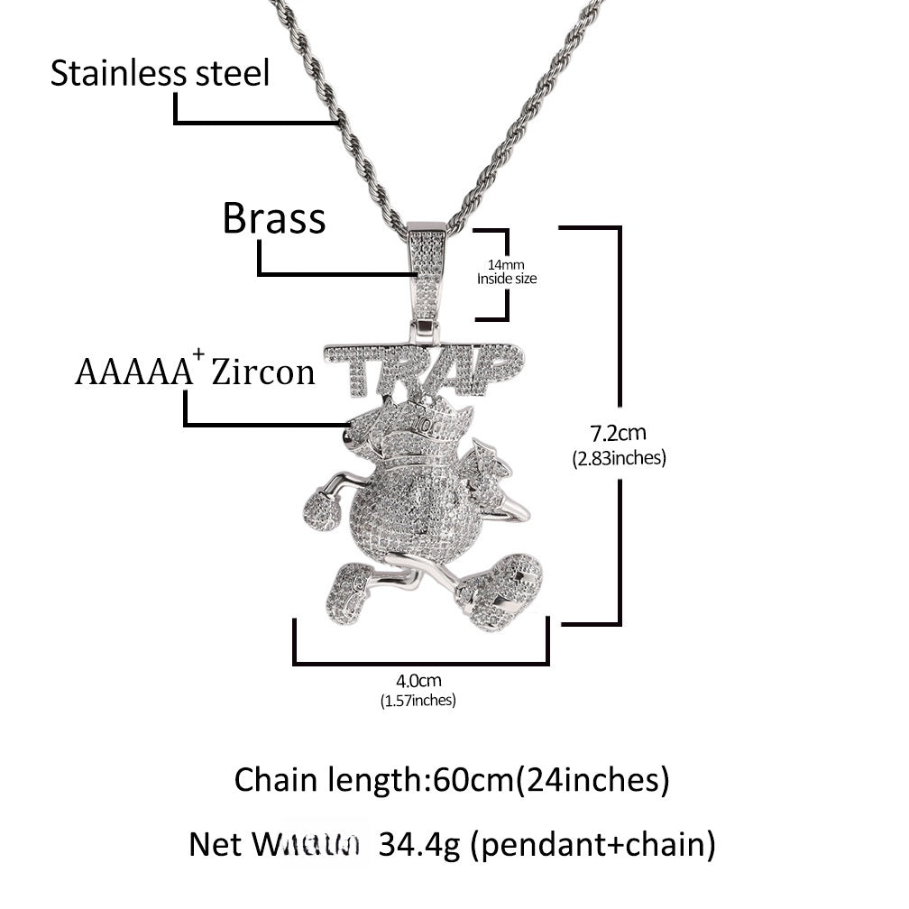 Iced Out Cartoon Pendant Necklace for Women and Men - Cubic Zirconia Hip Hop Statement Chain in Gold or Silver, 24 Inch Twist Chain