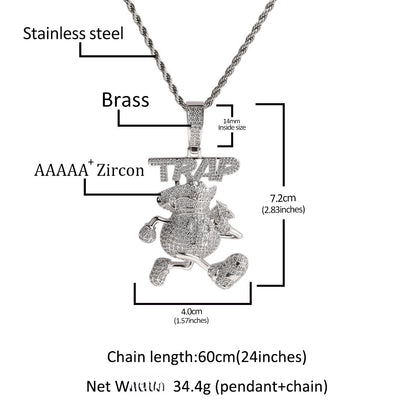 Iced Out Cartoon Pendant Necklace for Women and Men - Cubic Zirconia Hip Hop Statement Chain in Gold or Silver, 24 Inch Twist Chain