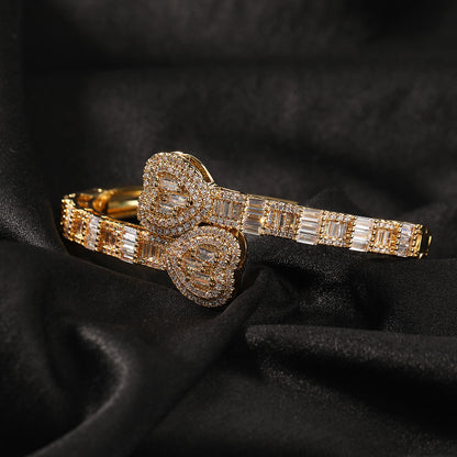 Gold Plated Heart Cubic Zirconia Bangle Bracelet for Women - Trendy Statement Cuff in Gold or Silver Tone
