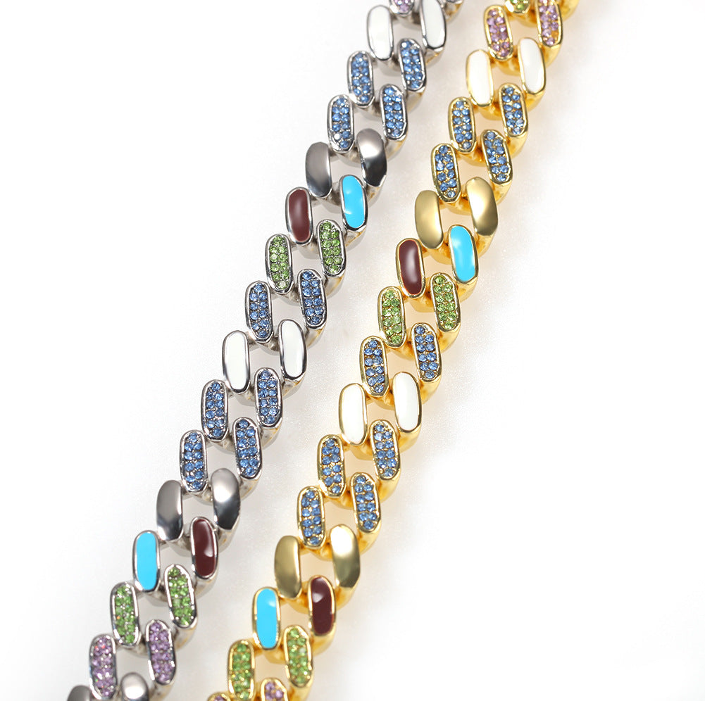 Unisex Statement Chain Bracelet with Multicolor Crystal Links - Hip Hop Style in Golden or Silvery, 7 Inch & 8 Inch