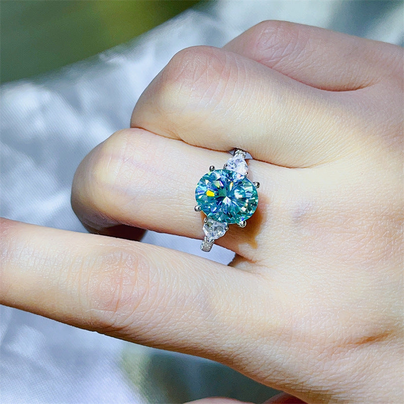 5 Carat Blue Green Moissanite Ring for Women, Micro Pave Halo Style Engagement Ring product image