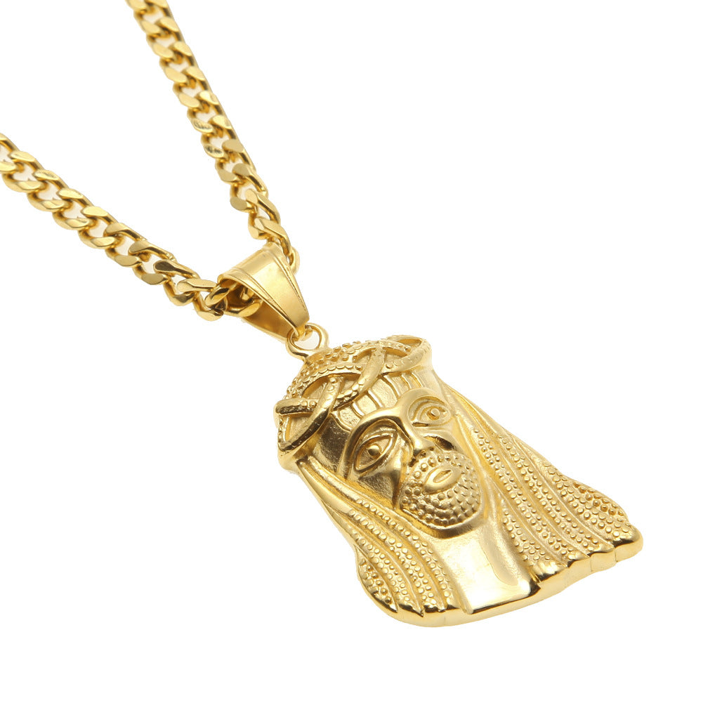 Gold-Tone Stainless Steel Jesus Face Pendant Necklace for Men with 5mm Cuban Chain