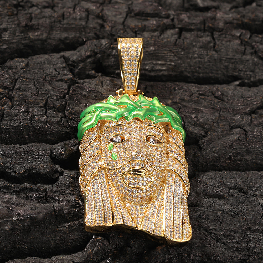Iced Out Jesus Head Pendant Necklace for Men, Gold Tone Copper Chain with Cubic Zirconia Hip Hop Statement Pendant, 24 Inch Rope Chain