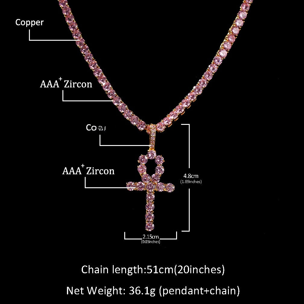 Vintage Pink Cubic Zirconia Cross Pendant Necklace for Women & Men – Gold Plated or Silver Plated Hip Hop Statement Chain