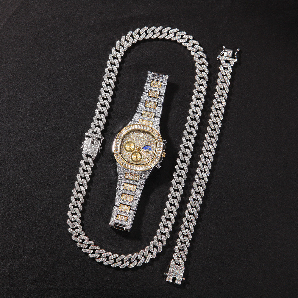 Iced Out Cuban Link Necklace Bracelet & Watch Set for Women and Men – 12mm Cubic Zirconia Statement Chain Jewelry Set