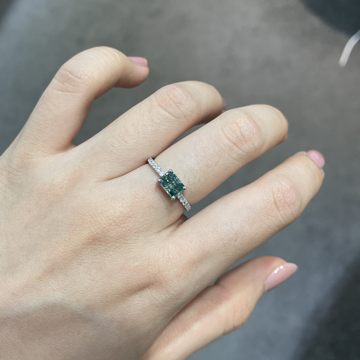 S925 Green Square Moissanite Ring for Women, Four-Prong Solitaire Promise Ring product image