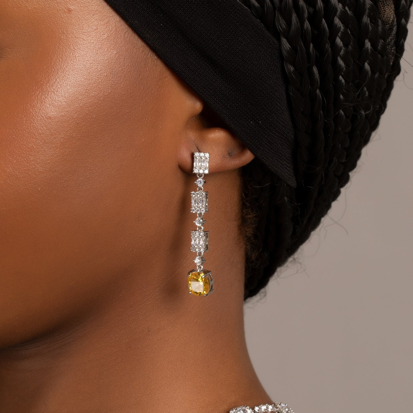 Luxury Cubic Zirconia Chain Necklace and Earrings Set for Women with Yellow Stone Pendant