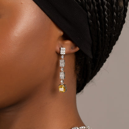 Luxury Cubic Zirconia Chain Necklace and Earrings Set for Women with Yellow Stone Pendant