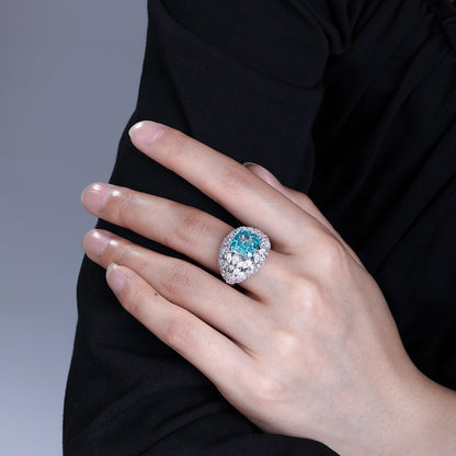 Blue Square Halo Ring for Women, 5 Carat Look, S925 Silver with 18K Gold-Plated Finish