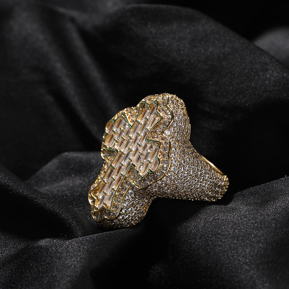 Unisex Iced Cross Ring with Cubic Zirconia, Gold Plated or Silver Plated Statement Ring