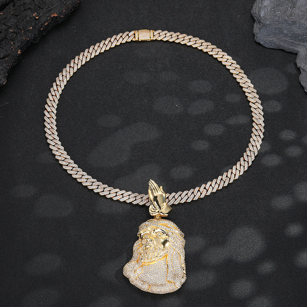 Men's Hip Hop Jesus Pendant Necklace with Praying Hands and Zircon Detail