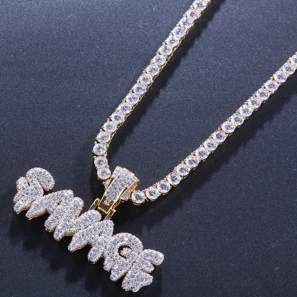 Iced Out English Letter Pendant Necklace for Women and Men, Gold Plated Copper Hip Hop Chain with Cubic Zirconia Statement Charm