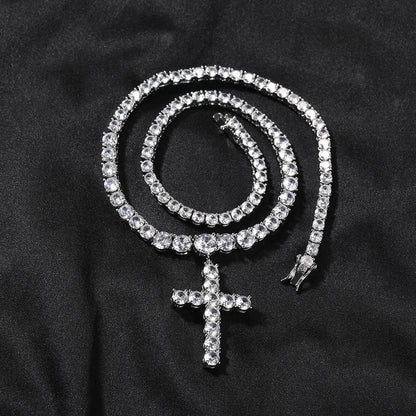 Unisex Cubic Zirconia Cross Pendant Necklace in Gold or Silver Tone - Minimalist Statement Chain 16in/18in