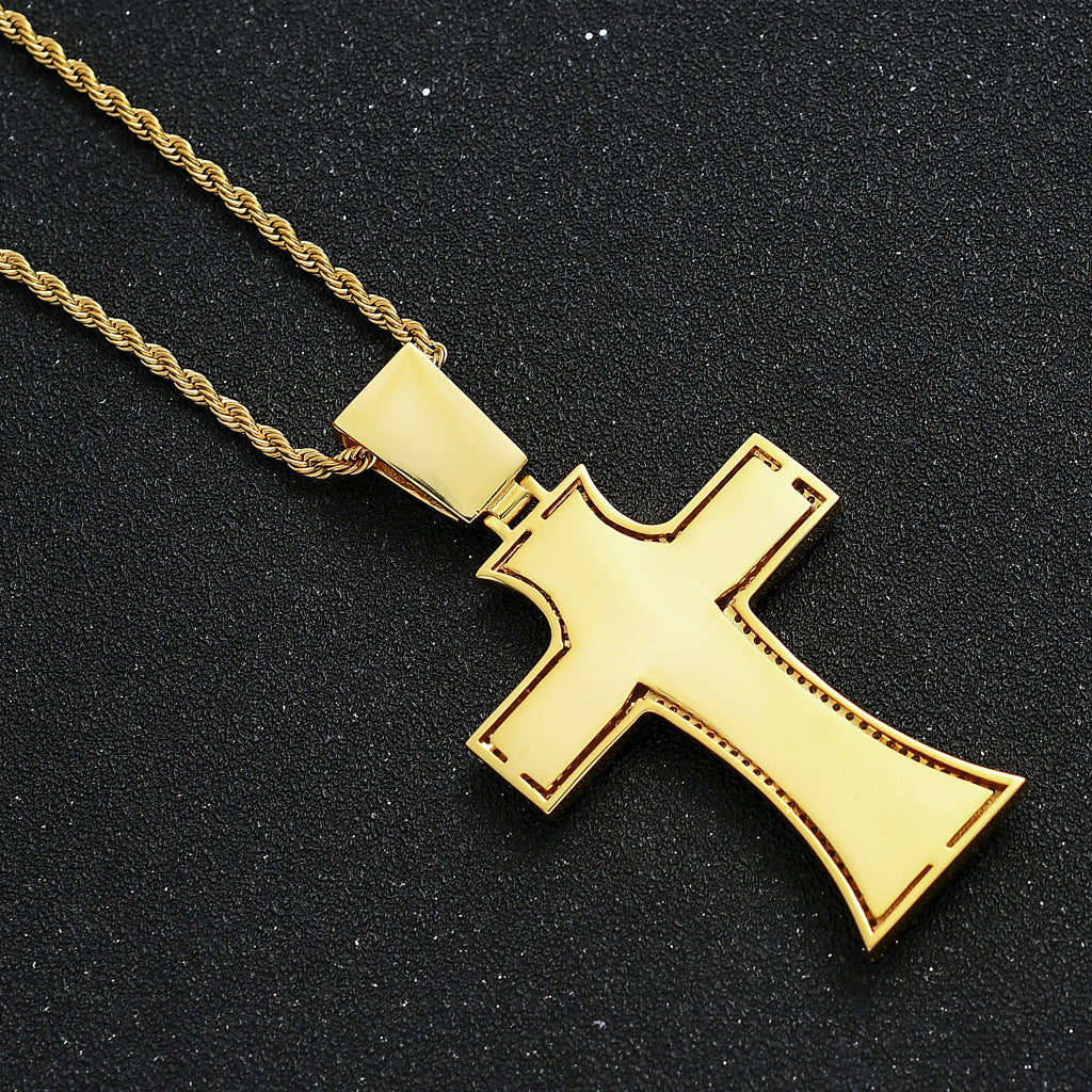 Hip Hop Vintage Cross Diamond Shape Cubic Zirconia Pendant Necklace for Men and Women