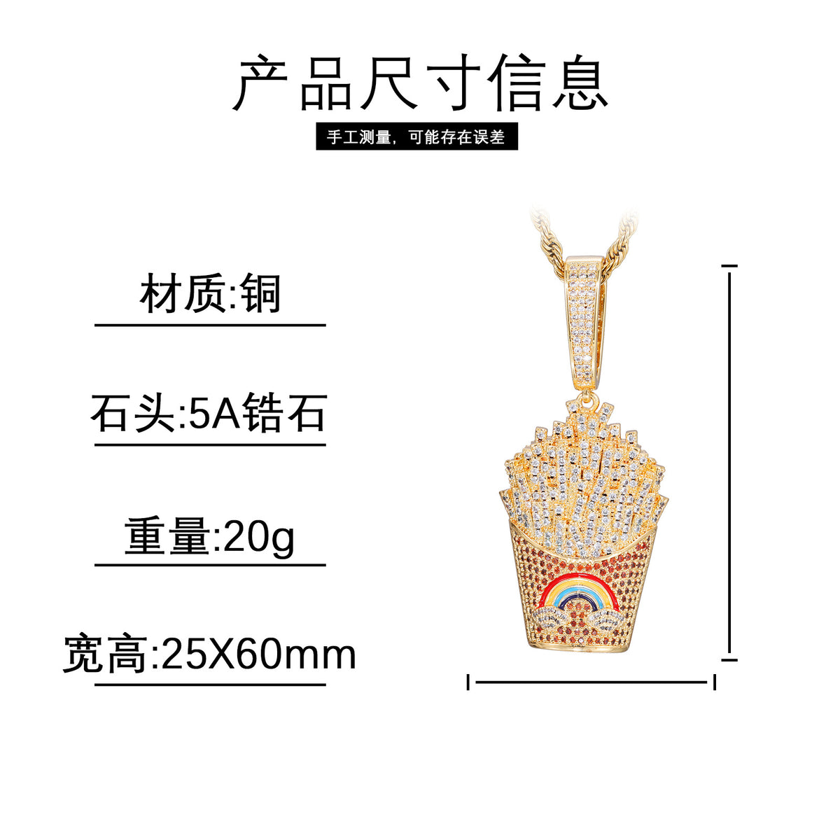 Iced Fry Pendant Necklace with Zircon Detail and Rope Chain product image