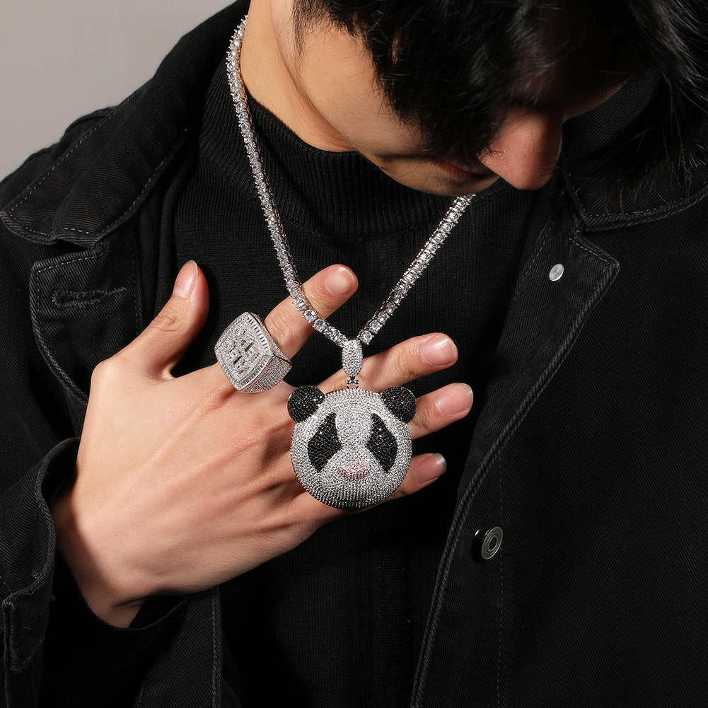 Iced Cartoon Panda Pendant Necklace for Women and Men, Silver Plated Cubic Zirconia Hip Hop Statement Chain, 24 Inch Stainless Steel Twist Chain