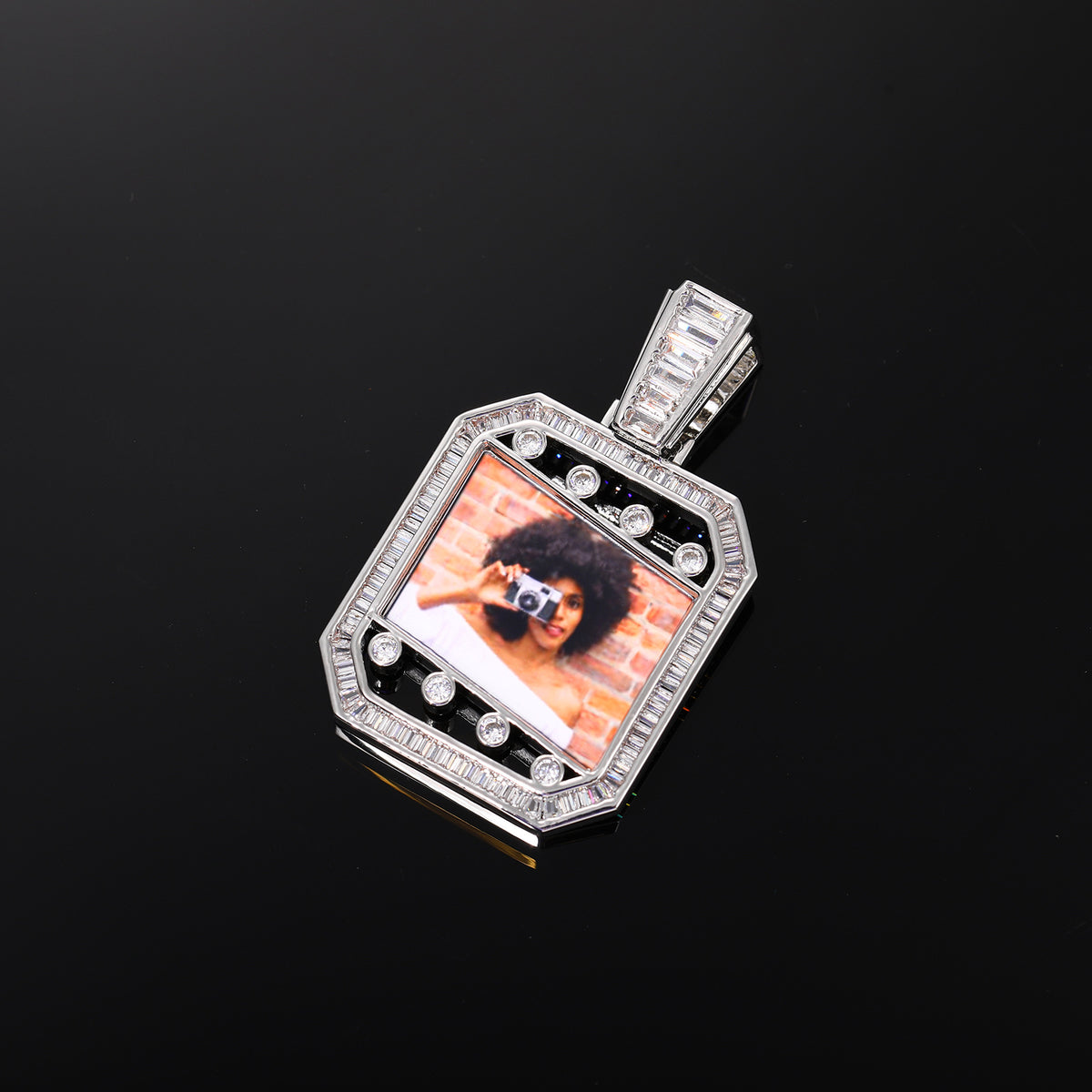 Iced Out Photo Frame Pendant Necklace with Rope Chain, Rectangular Cubic Zirconia Hip Hop Chain for Men product image