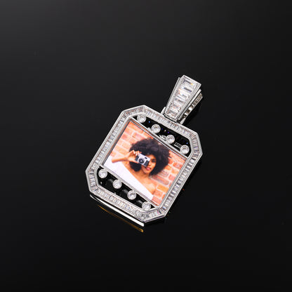 Iced Out Photo Frame Pendant Necklace with Rope Chain, Rectangular Cubic Zirconia Hip Hop Chain for Men