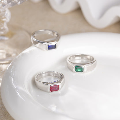 Men’s Rectangular Color Stone Ring, Silver-Tone Signet Style Ring, Green Blue Red Variant