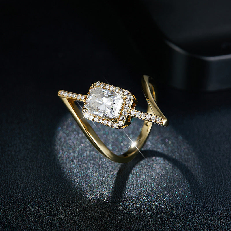 Radiant Moissanite Ring, Asymmetrical Halo Engagement Ring for Women product image