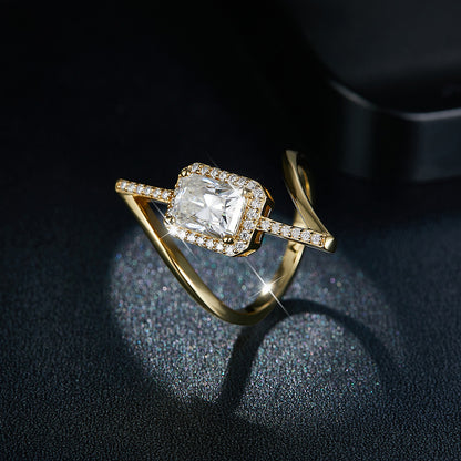 Radiant Moissanite Ring, Asymmetrical Halo Engagement Ring for Women