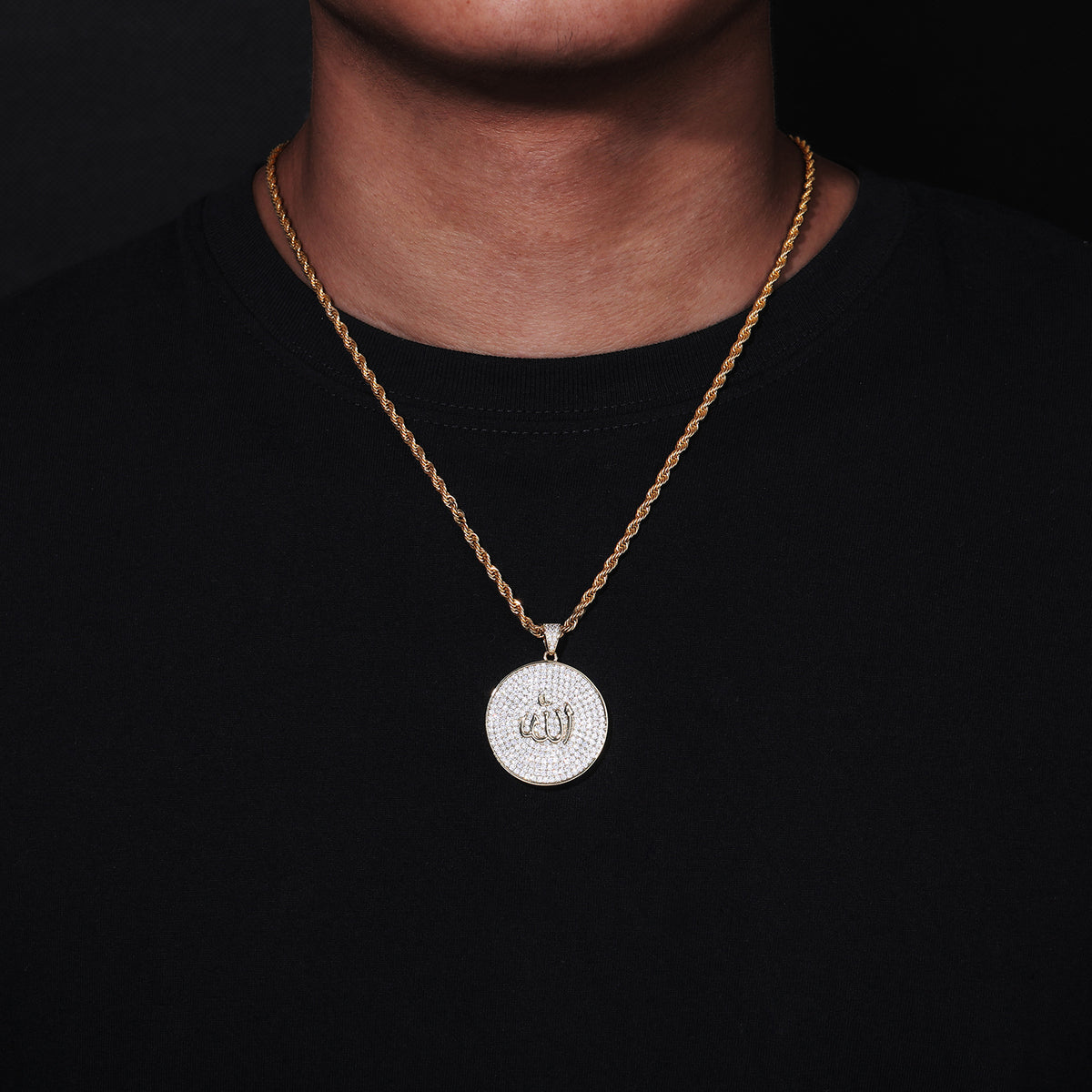 Arabic Calligraphy Zircon Pendant Necklace, Round Rope Chain Hip Hop Jewelry product image