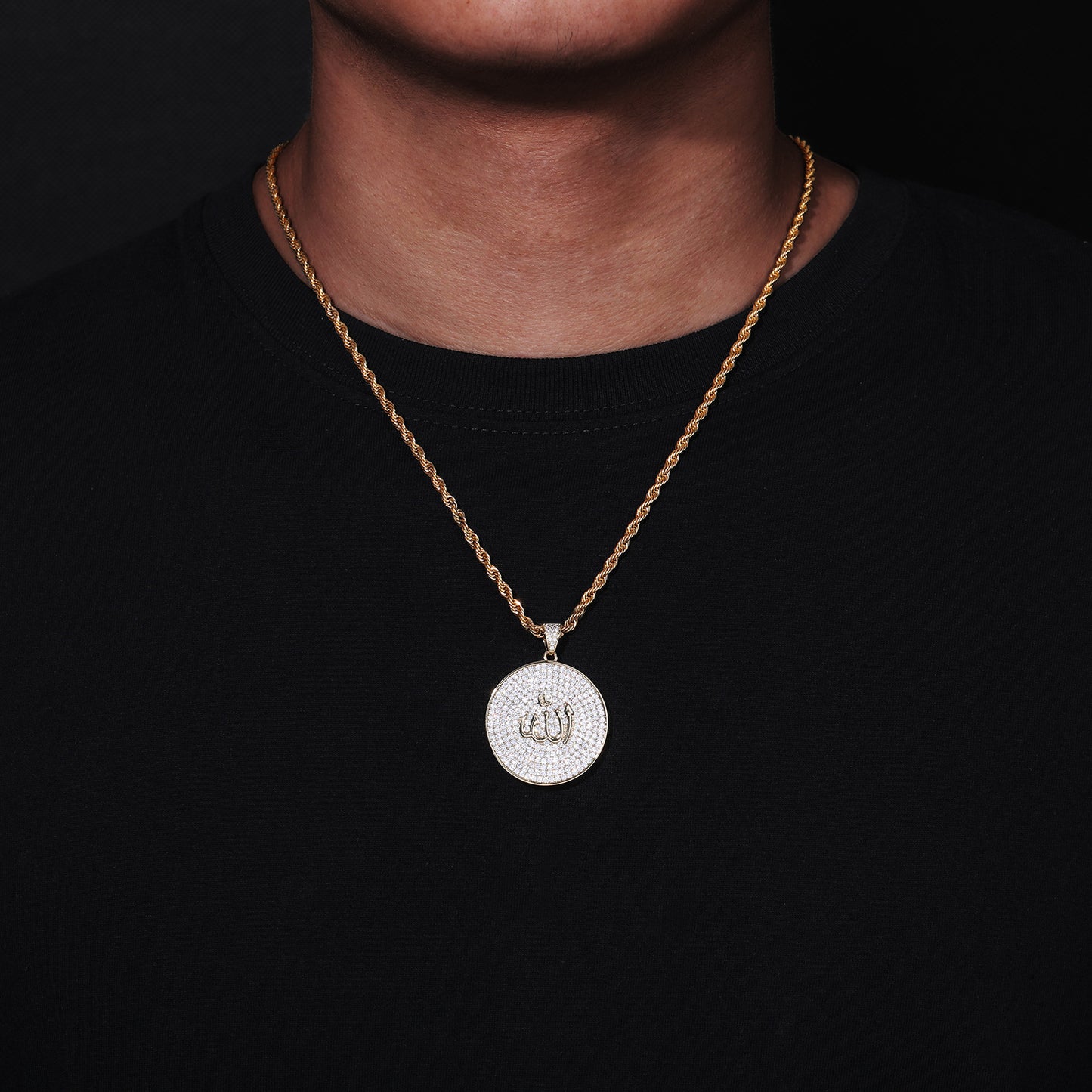 Arabic Calligraphy Zircon Pendant Necklace, Round Rope Chain Hip Hop Jewelry product image
