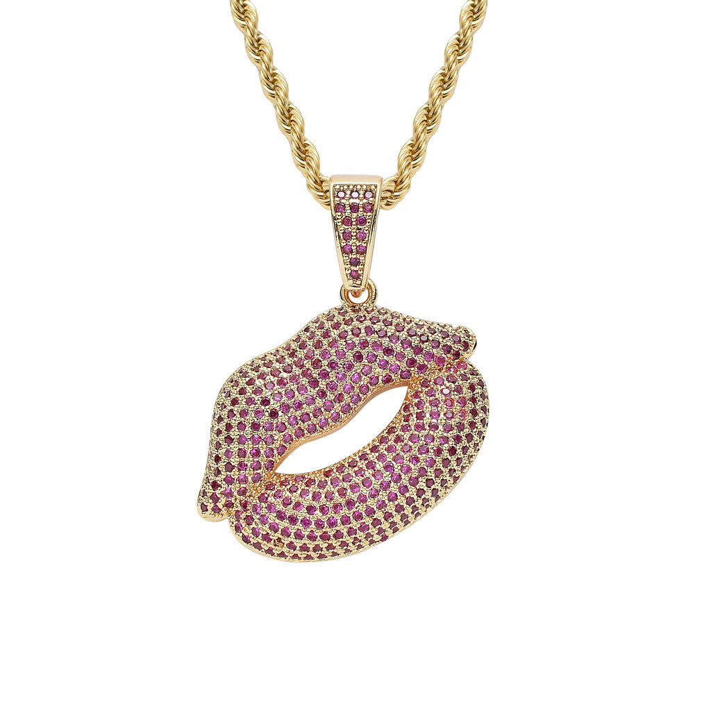 Hip Hop Lip Cubic Zirconia Pendant Necklace for Men and Women