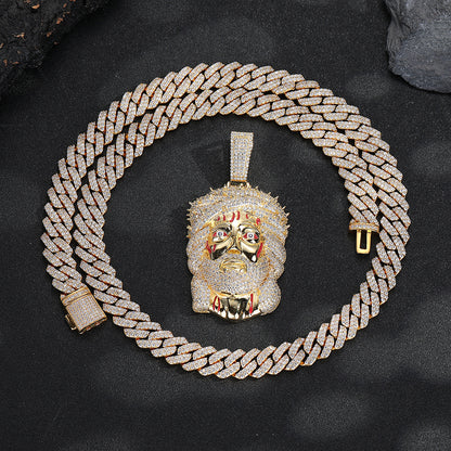 Iced Face Pendant Necklace, Hip Hop Cartoon Chain, White or Gold Tone
