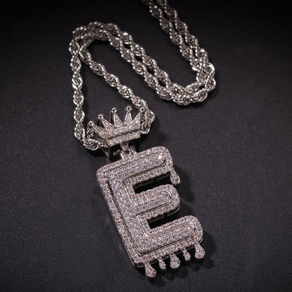 Iced Crown Initial Letter Pendant Necklace with Cubic Zirconia 24-Inch Twisted Chain for Women & Men